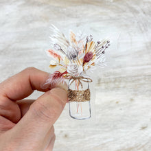 Load image into Gallery viewer, Hand holding miniature mason jar sticker with rope detail and dried flower arrangement