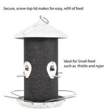 Load image into Gallery viewer, Heavy duty mesh bird feeder with whitewashed roof and metal perches for small seeds