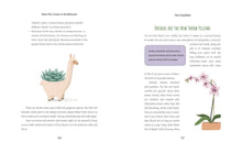 Load image into Gallery viewer, Open book showing plant care guide with succulent in llama planter and orchid care tips