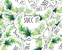 Load image into Gallery viewer, Collection of white vinyl stickers featuring green succulents and 'SUCC IT' text in botanical design