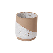 Load image into Gallery viewer, Ceramic cafe mug with speckled white and tan color block design