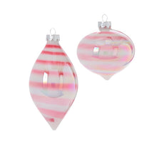 Load image into Gallery viewer, Two glass Christmas ornaments with pink and white candy cane striped pattern