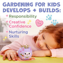 Load image into Gallery viewer, Child with purple cat-shaped planter containing growing sprouts on colorful mat