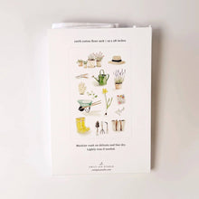 Load image into Gallery viewer, White cotton flour sack tea towel with watercolor garden tool and plant illustrations