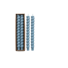 Load image into Gallery viewer, Two light blue twisted taper candles with matching pair in brown cardboard gift box