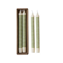 Load image into Gallery viewer, Unscented Striped Taper Candles in Box, Green, Set of 2 (Est. Burn Time 6 Hours)