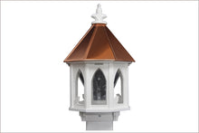 Load image into Gallery viewer, White octagonal bird feeder with copper roof and Gothic arch openings