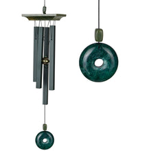 Load image into Gallery viewer, Woodstock wind chime with gray metal tubes, wooden top, and green jade disc