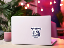 Load image into Gallery viewer, White laptop with humorous gardening sticker featuring vintage illustration and text 'Gardening Because Murder is Wrong'