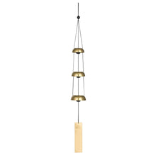Load image into Gallery viewer, Hanging wind chime with three brass bells and wooden windcatcher suspended by black cord