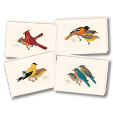 Load image into Gallery viewer, Four decorative note cards featuring illustrated bird pairs including cardinals, orioles, goldfinches, and bluebirds