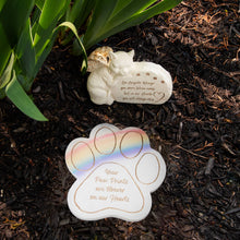 Load image into Gallery viewer, Pet memorial garden stones with paw print design and angel wings inscription on mulch