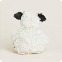 Load image into Gallery viewer, Fluffy white plush cow toy with black ears shown from behind against beige background