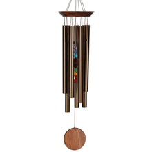Load image into Gallery viewer, Bronze wind chime with seven colorful chakra stones and wooden circular pendulum hanging