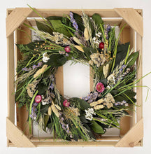 Load image into Gallery viewer, Natural dried flower wreath with lavender, wheat, and colorful blooms in wooden crate frame