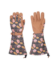 Load image into Gallery viewer, Floral patterned gardening gloves with extended forearm protection and leather palms