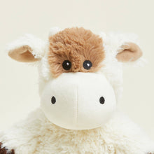 Load image into Gallery viewer, Plush cream colored cow stuffed animal with brown fuzzy hair and black button eyes