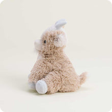 Load image into Gallery viewer, Soft plush beige goat stuffed animal with light blue accents sitting upright