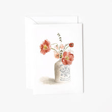 Load image into Gallery viewer, Watercolor notecard featuring coral flowers in vintage ceramic vase with white envelope