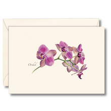 Load image into Gallery viewer, Elegant greeting card featuring watercolor purple orchid flowers with cream envelope