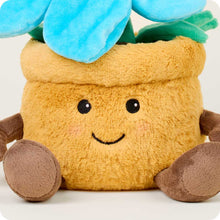 Load image into Gallery viewer, Plush flower pot toy with smiling face, brown arms and blue flowers on top