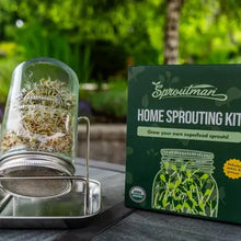 Load image into Gallery viewer, Sproutman home sprouting kit with glass jar, metal lid, and green instruction package