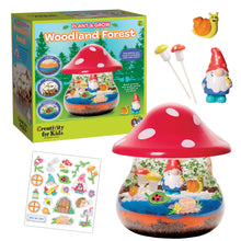Load image into Gallery viewer, Plant &amp; Grow Woodland Forest terrarium kit with red mushroom container, gnome figures, and decorative accessories