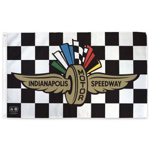Load image into Gallery viewer, Indianapolis Motor Speedway checkered flag with winged logo and colorful racing stripes