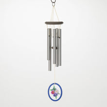 Load image into Gallery viewer, Wind chime with silver tubes, wooden top, and floral medallion featuring summer bouquet design