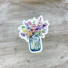 Load image into Gallery viewer, Watercolor floral sticker featuring purple and pink flowers in blue mason jar