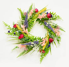 Load image into Gallery viewer, Colorful spring flower wreath with red peonies, purple lavender, pink blooms and green ferns