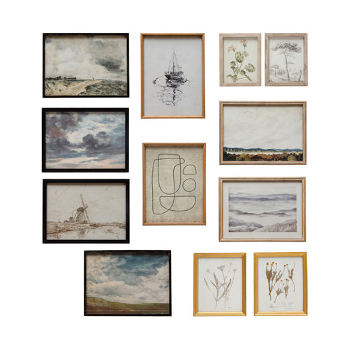 Wood Framed Glass Wall Decor w/ Landscapes, Botanicals & Abstract Image, Set of 12