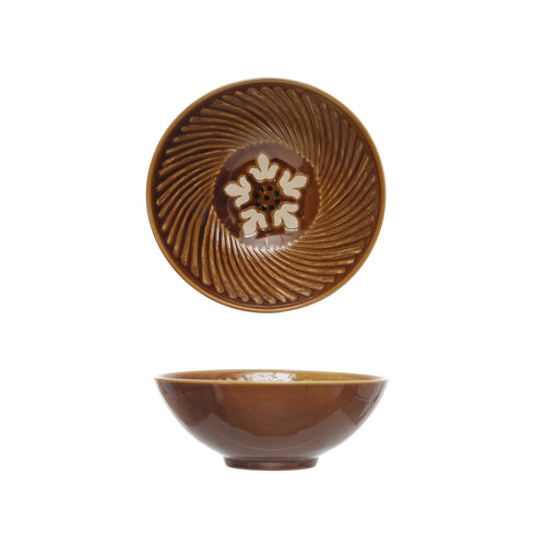 Hand-Painted Stoneware Serving Bowl w/ Design, Brown
