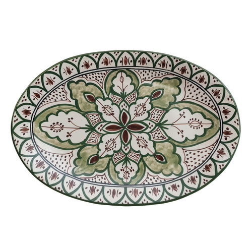 Hand-Painted Stoneware Platter w/ Design, Cream Color, Brown & Green