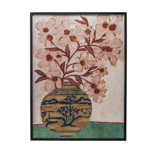 Wood Framed Glass Wall Décor w/ Flowers in Vase ©