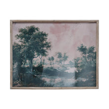 Load image into Gallery viewer, Framed vintage landscape artwork showing trees and stream in muted tones