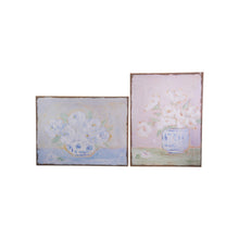 Load image into Gallery viewer, Two pastel floral wall art pieces with blue vases and white flowers on burlap