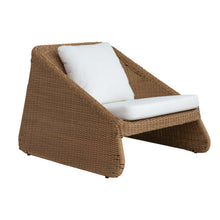 Load image into Gallery viewer, Brown wicker outdoor lounge chair with white cushions on white background