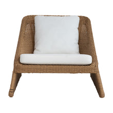 Load image into Gallery viewer, Brown wicker outdoor chair with white cushions and curved legs on white background