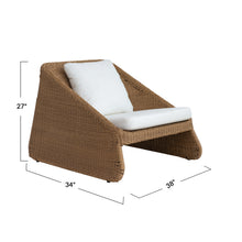 Load image into Gallery viewer, Brown wicker outdoor lounge chair with white cushions showing dimensions 38x34x27 inches