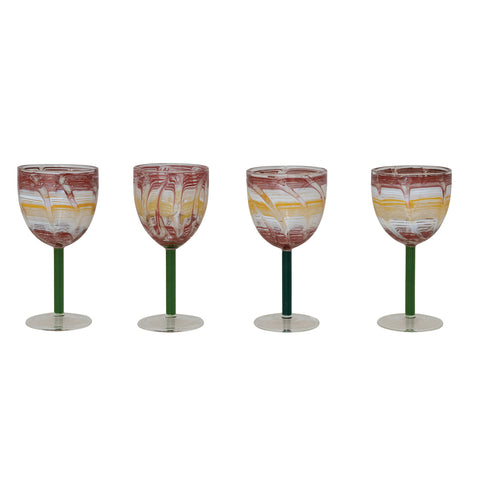 6 oz. Hand-Blown Art Glass Wine Glass w/ Green Stem (Each One Will Vary)