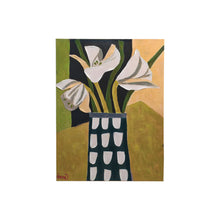 Load image into Gallery viewer, Abstract painting of white lilies in dark patterned vase with geometric background