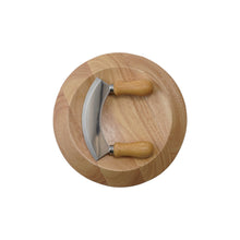 Load image into Gallery viewer, Round wooden cutting board with curved stainless steel herb chopper and wooden handles