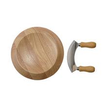 Load image into Gallery viewer, Round rubberwood cutting board with curved stainless steel mezzaluna knife with wooden handles