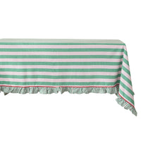 Load image into Gallery viewer, Woven Cotton Striped Tablecloth w/ Ruffle &amp; Ric Rac Trim, Green, Pink &amp; Red