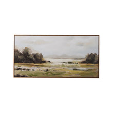 Load image into Gallery viewer, Wood framed canvas wall art featuring pastoral landscape with trees, fields, and cloudy sky