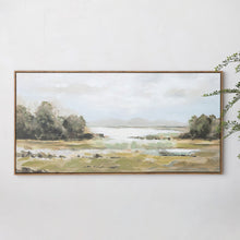 Load image into Gallery viewer, Wood framed canvas wall art featuring serene landscape painting with trees and fields