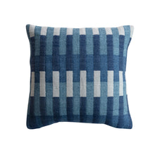 Load image into Gallery viewer, Blue and white woven fabric throw pillow with geometric stripe pattern and embroidery