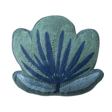 Load image into Gallery viewer, Blue and green flower-shaped decorative pillow with embroidered palm leaf design