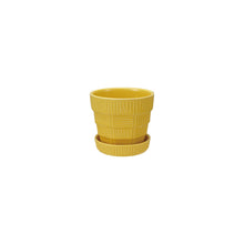 Load image into Gallery viewer, Yellow stoneware planter with geometric debossed pattern and matching saucer